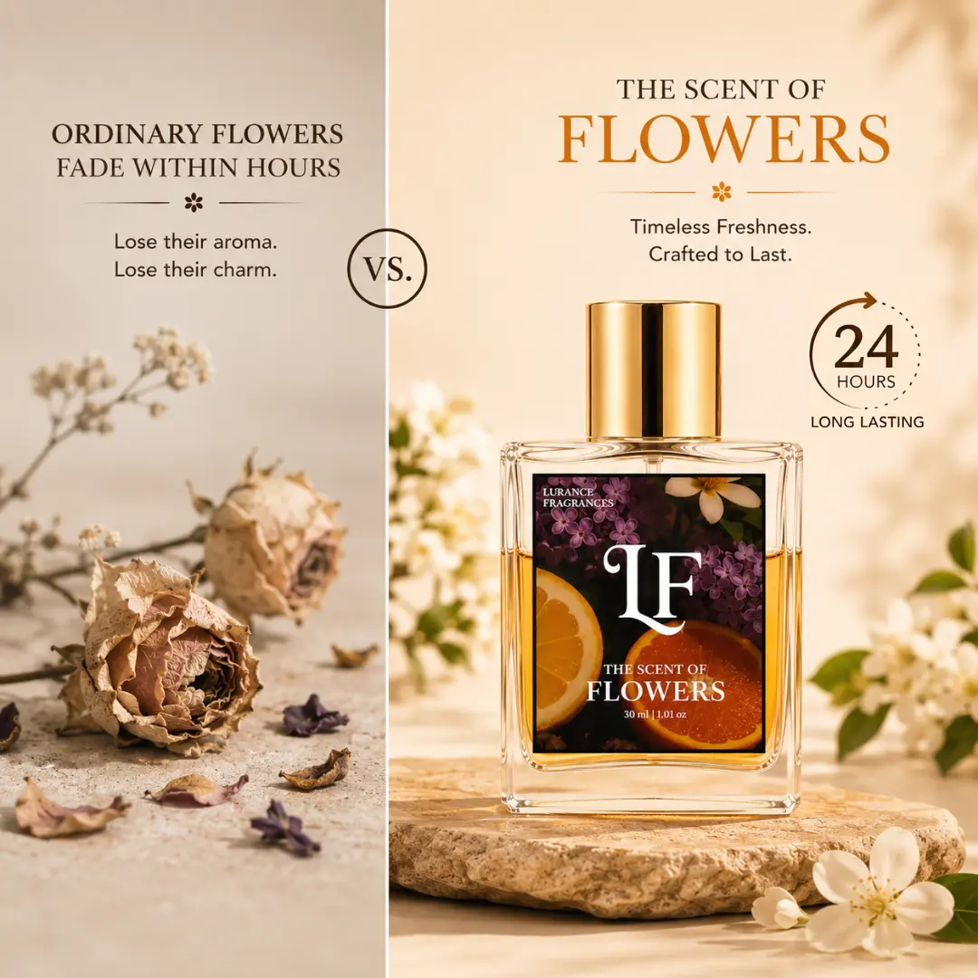 the scent of flowers | 30ml A side-by-side comparison infographic image for Lurance Fragrances, The Scent of Flowers premium perfume. The left side shows dried, withered roses under the text "Ordinary Flowers Fade Within Hours," while the right side displays the vibrant 30ml luxury perfume bottle resting on a stone pedestal surrounded by fresh white blossoms, highlighting its "24 Hours Long Lasting" timeless freshness.