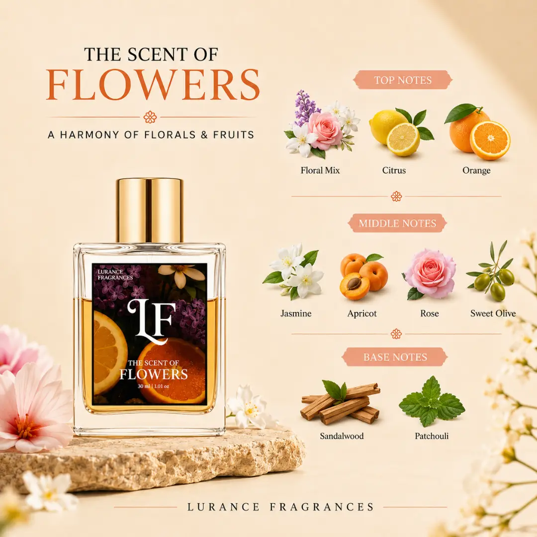 the scent of flowers | 30ml Image of Lurance Fragrances The Scent of Flowers long-lasting perfume fragrance notes chart, subtitled "A Harmony of Florals & Fruits." The 30ml luxury bottle sits on a rough stone slab surrounded by fresh blossoms, listing top notes of floral mix, citrus, and orange; middle notes of jasmine, apricot, rose, and sweet olive; and rich base notes of sandalwood and patchouli.