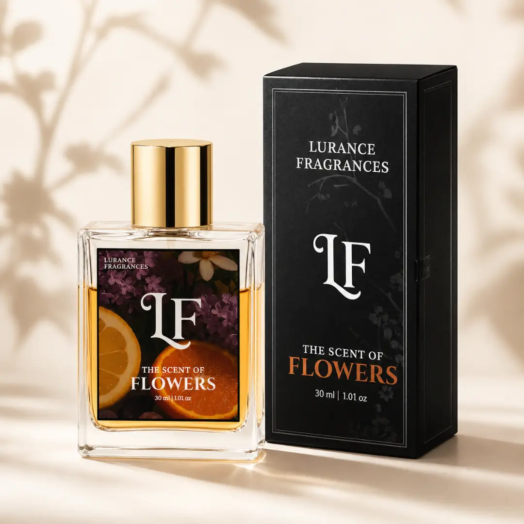 the scent of flowers | 30ml Image of Lurance Fragrances The Scent of Flowers premium luxury 30 ml perfume bottle with a metallic gold cap standing beside its textured black retail packaging box features a colorful front label showing fresh orange slices and purple floral blossoms, set against a sunlit, minimalist cream background with soft floral shadows.