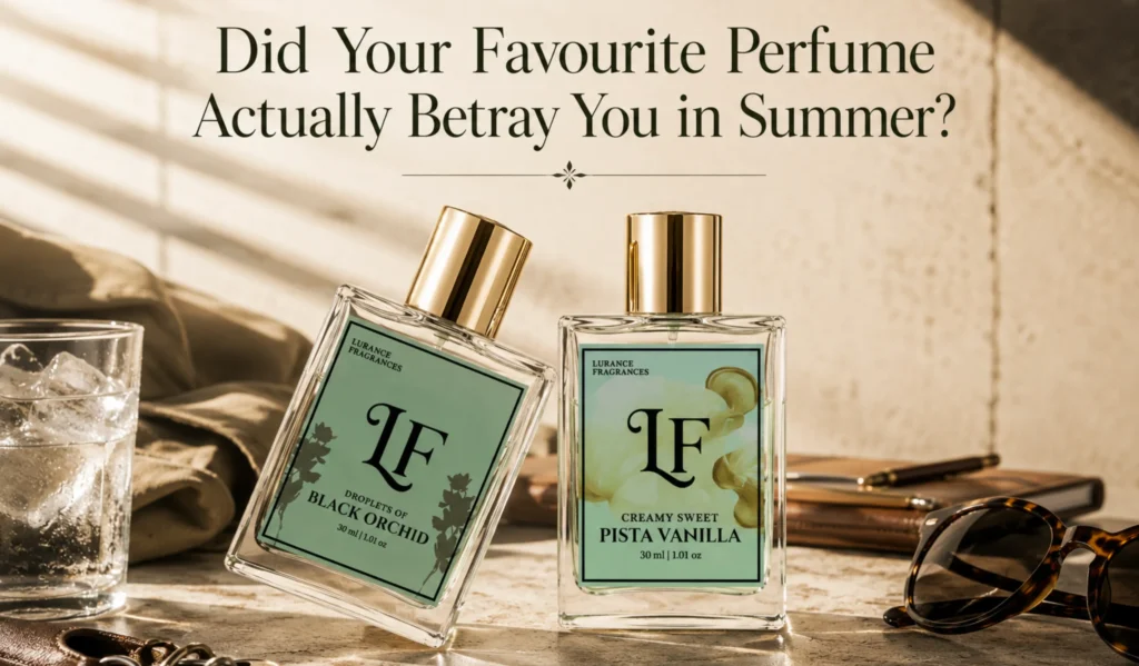Elementor #6589 Image for Lurance Fragrances showcasing two 30ml long-lasting perfumes, "Droplets of Black Orchid" and "Creamy Sweet Pista Vanilla," in a bright, warm summer setting. Styled with lifestyle elements like sunglasses, iced drinks, and direct sunlight, the image poses a pattern-interrupt question about perfume performance and betrayal during hot summer weather.