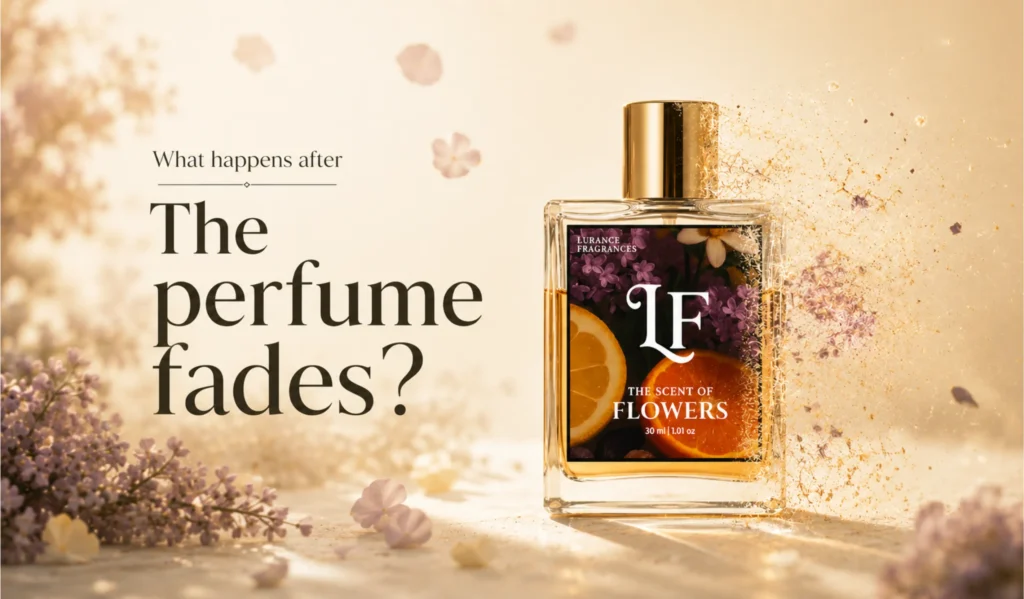 Elementor #6594 Image for Lurance Fragrances featuring the 30ml "The Scent of Flowers" long-lasting perfume bottle with a visual gold dust and particle fading effect. Styled in a soft, bright floral setting with sunlight and floating petals, the ad poses a thought-provoking question about what remains once standard fragrances wear off.