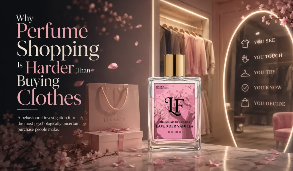Elementor #6610 Image for Lurance Fragrances showcasing "Blossoms of Cherry Lavender Vanilla" 30ml, long-lasting perfume in an elegant pink dressing room setting. Incorporating custom packaging, floating cherry blossoms, and an illuminated mirror listing psychological steps in retail decision-making, the ad pairs luxury visual styling with a thought-provoking headline about consumer behavior and perfume selection.