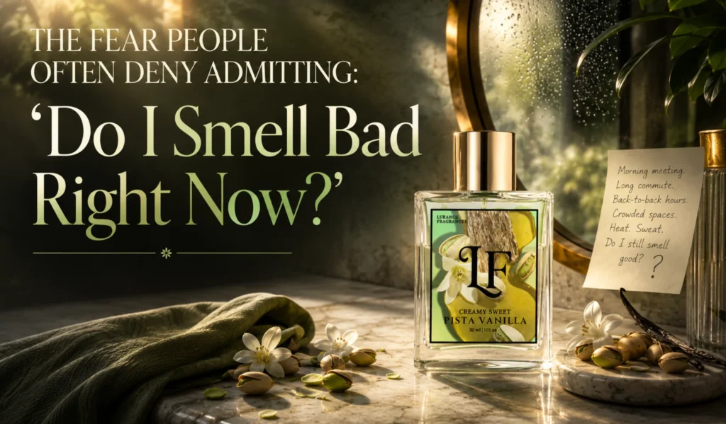 Elementor #6626 Image for Lurance Fragrances featuring the 30ml Creamy Sweet Pista Vanilla long-lasting perfume bottle. Set on a luxurious vanity table with natural morning light and rain-dappled mirror reflections, the image pairs ingredients like pistachios and white flowers with a hook addressing daily odor anxieties and perfume longevity.