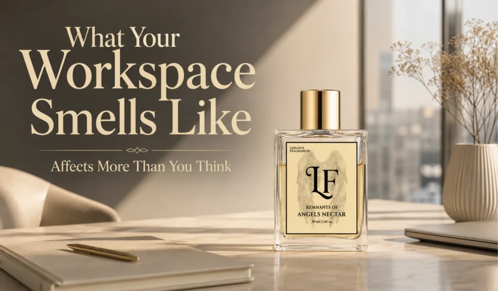 Elementor #6637 Image for Lurance Fragrances featuring the 30ml Remnants of Angels Nectar long-lasting perfume in a sophisticated office environment. Styled with professional desk accessories and soft natural light, the image highlights the connection between workplace scent, presence, and personal environment.