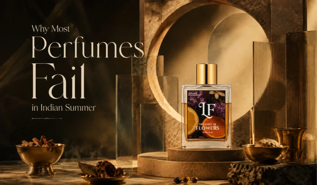 Elementor #6488 High-end campaign banner for Lurance Fragrances set against a warm, backlit architectural backdrop with circular stone arches and fluted glass panels. On the left, serif typography reads "Why Most Perfumes Fail in Indian Summer". On the right, a 30ml bottle of "The Scent of Flowers" long-lasting perfume with a polished gold cap and floral-citrus label sits on a round wooden pedestal, flanked by small brass bowls containing natural raw spices and woods.