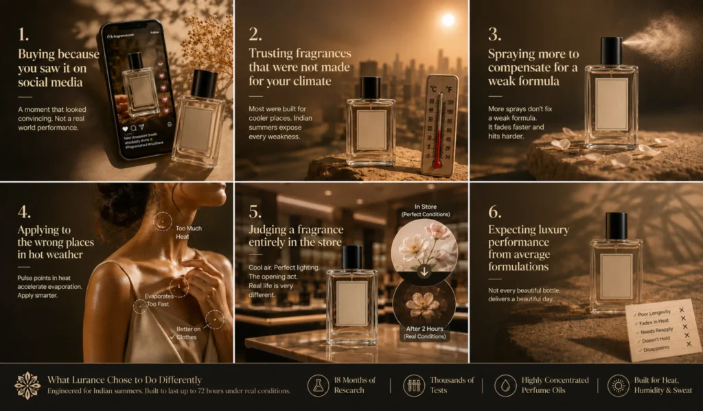 Elementor #6656 Instructional image for Lurance Fragrances breaking down consumer perfume mistakes in warm climates across a 6-part visual grid. Incorporating lifestyle imagery, skin application diagrams, temperature gauges, and comparison callouts, the banner concludes with Lurance’s brand solution, emphasizing formulation research, high oil concentrations, and heat/humidity resistance.