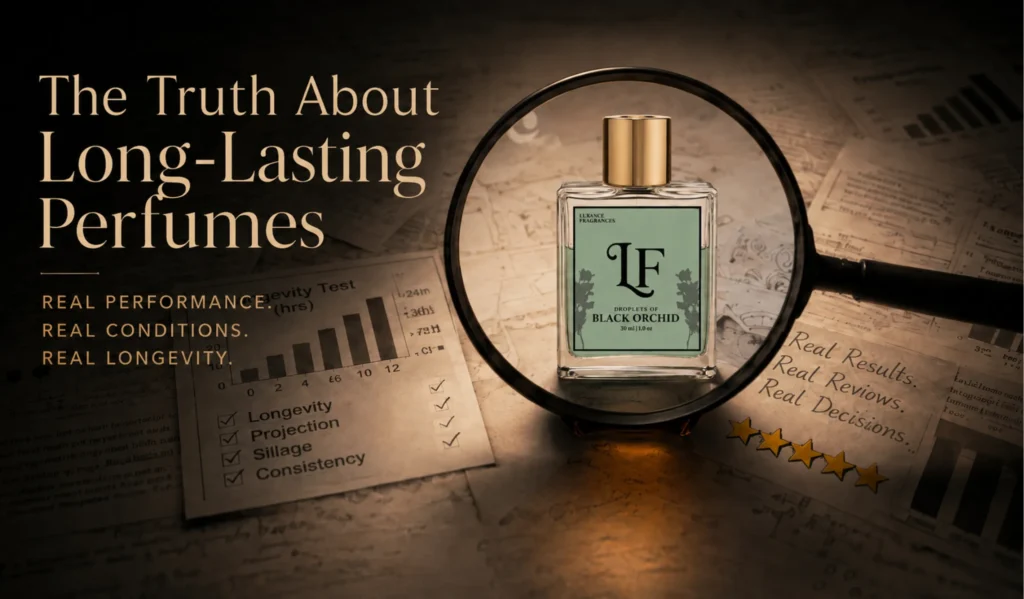 Elementor #6502 Brand image for Lurance Fragrances showcasing "Droplets of Black Orchid" 30ml long-lasting perfume under a magnifying glass. Designed with a research-and-testing theme, the image features analytical charts, checklist metrics for longevity and sillage, five gold stars, and handwritten notes emphasizing real performance and verified reviews.