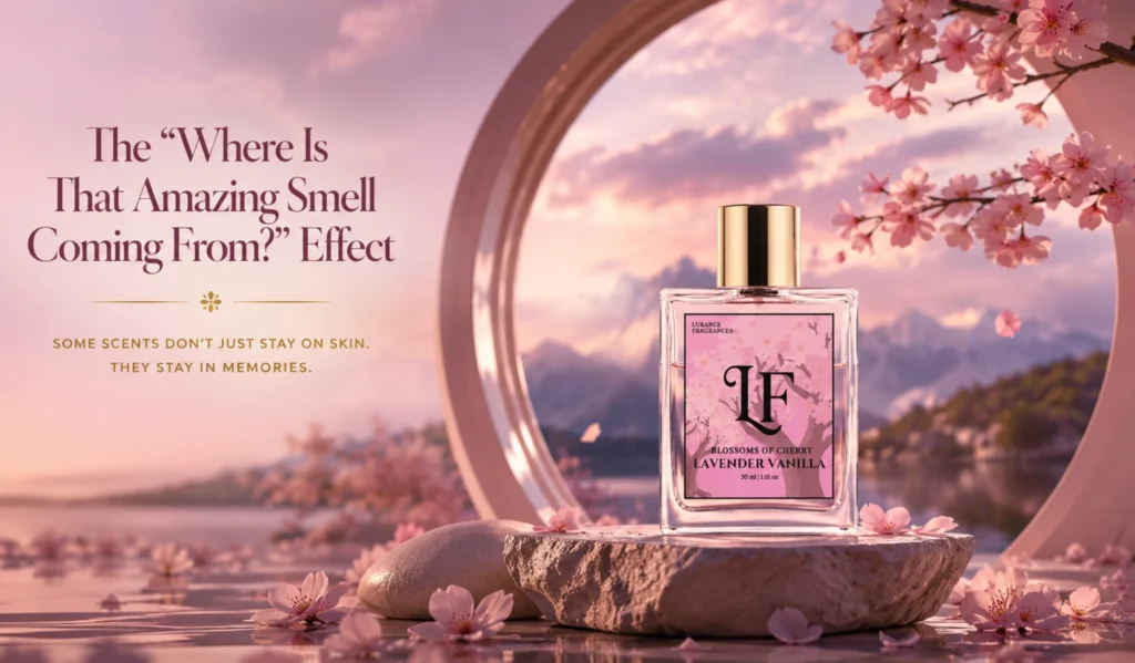 Elementor #6496 Image for Lurance Fragrances featuring the 30ml "Blossoms of Cherry Lavender Vanilla" long-lasting perfume bottle. Styled in an ultra-realistic floral scene with cherry blossoms, a serene lake, and sunset lighting, the image highlights scent projection and sillage alongside the hook "The 'Where Is That Amazing Smell Coming From?' Effect."