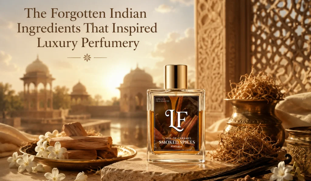 Elementor #6526 Image for Lurance Fragrances showcasing "Veil of Caramel & Smoked Spices" 30ml long-lasting perfume against a golden-hour Indian heritage architectural scene. The composition highlights natural, artisanal fragrance notes like jasmine, sandalwood, vetiver, and spices surrounding the bottle, illustrating the brand's connection to regional heritage and luxury perfumery ingredients.