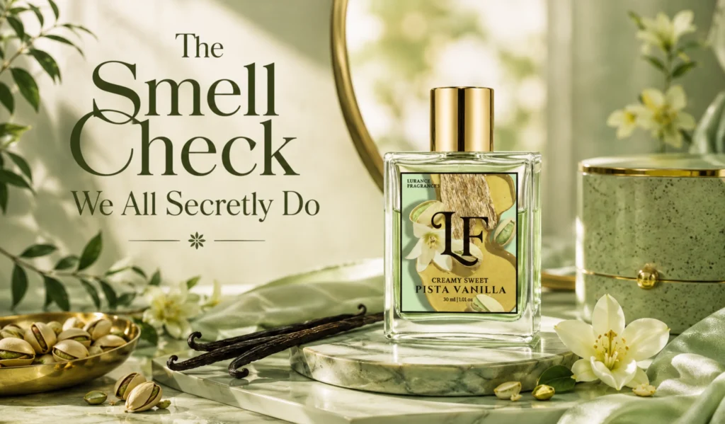 Elementor #6532 Image for Lurance Fragrances featuring the 30ml "Creamy Sweet Pista Vanilla" perfume. Styled on a marble vanity setting with natural sunlight, the image highlights key scent ingredients, pistachios, vanilla beans, and white florals, paired with a relatable, behavior-driven headline about personal scent checks.