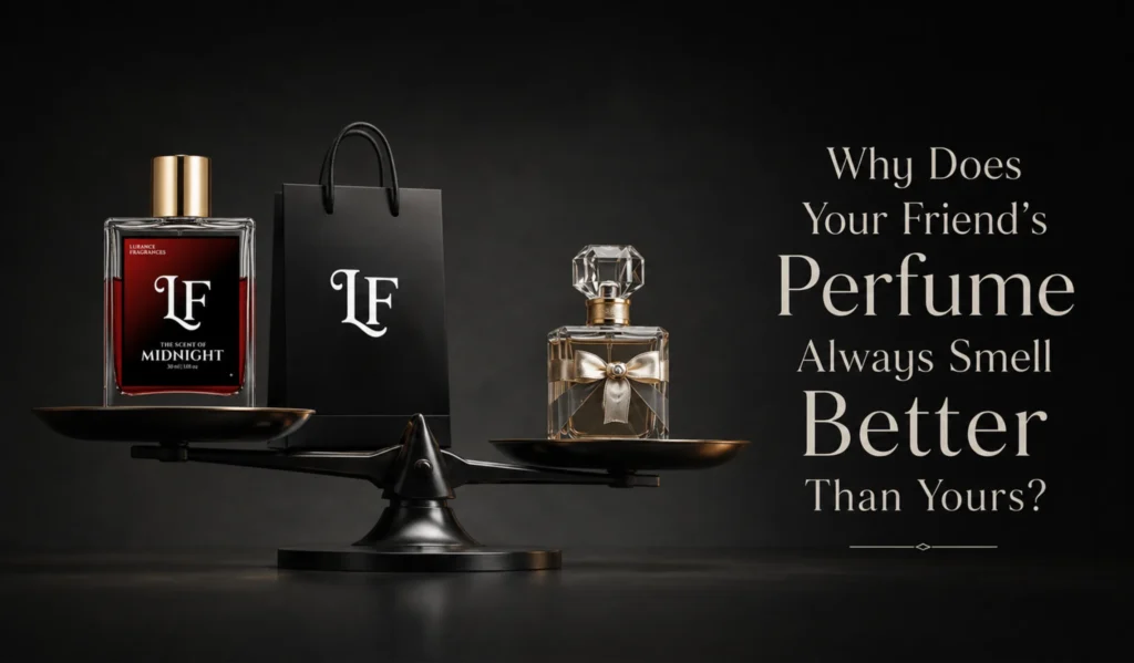 Elementor #6599 Banner for Lurance Fragrances set against a dark, moody background featuring a balance scale. On the heavier left side rests a 30ml bottle of "The Scent of Midnight" long-lasting perfume with a deep red label and gold cap alongside a black Lurance-branded gift bag. On the lighter right side sits a generic fancy perfume bottle with a crystal stopper and bow. Elegant typography on the right reads, "Why Does Your Friend's Perfume Always Smell Better Than Yours?"