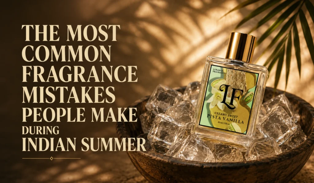 Elementor #6656 Image for Lurance Fragrances featuring the 30ml Creamy Sweet Pista Vanilla long-lasting perfume with its bottle resting on ice in a wooden bowl. Designed with a warm summer background, palm shadows, and cooling visual elements, the ad pairs luxury styling with an educational hook addressing perfume wear mistakes in intense heat.