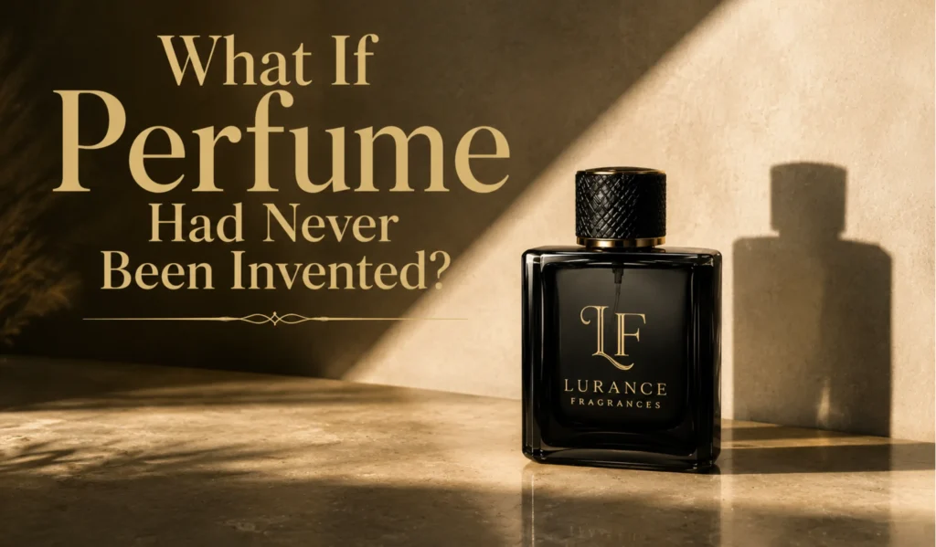 Elementor #6645 Image for Lurance Fragrances featuring a sleek, black luxury bottle styled with dramatic sunlight and deep shadows. Set against a minimalist backdrop, the ad pairs high-end visual aesthetics with a speculative hook exploring the cultural and personal significance of fragrance.