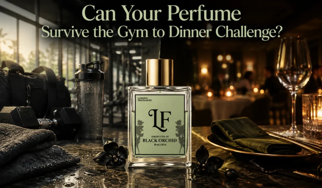 Elementor #6615 Image for Lurance Fragrances featuring the 30ml Droplets of Black Orchid long-lasting perfume. Designed around scent endurance and transition, the image uses a dual gym-to-fine-dining visual layout with fitness accessories, wine glasses, and black orchid accents, paired with a challenge-driven headline testing long-lasting perfume performance throughout the day.