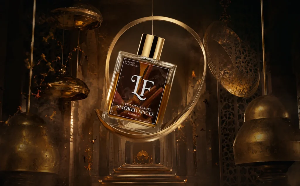 Image for Lurance Fragrances featuring the 30ml "Veil of Caramel & Smoked Spices" perfume floating inside a crescent moon frame. Styled with antique brass lanterns, dramatic depth of field, and warm amber tones, the ad highlights luxury gourmand notes and rich oriental spice aesthetics.