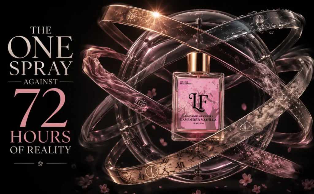 Elementor #6731 Image for Lurance Fragrances showcasing the 30ml "Blossoms of Cherry Lavender Vanilla" perfume. Styled with futuristic glass armillary rings and weather-resistant icon cues, the ad pairs high-impact luxury visual design with a bold headline highlighting 72-hour fragrance longevity.