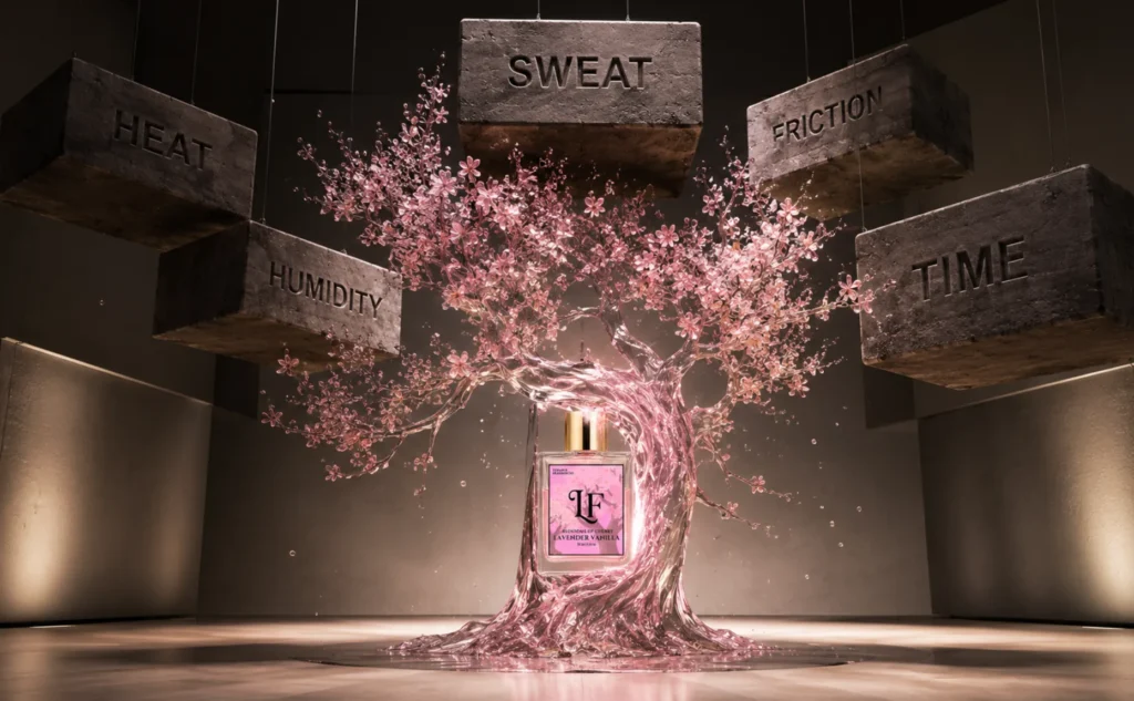 Elementor #6731 Image for Lurance Fragrances showcasing the 30ml "Blossoms of Cherry Lavender Vanilla" perfume bottle. Set in a high-concept art installation, the ad contrasts a crystalline pink cherry blossom tree against heavy hanging concrete weights, visually depicting perfume endurance against harsh climate factors.