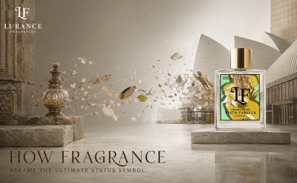 Elementor #6736 Image for Lurance Fragrances showcasing the 30ml Creamy Sweet Pista Vanilla long-lasting perfume. Styled with bright stone architecture, floating raw gourmand ingredients, and high-contrast lighting, the ad connects historical perfumery elements with modern luxury design.