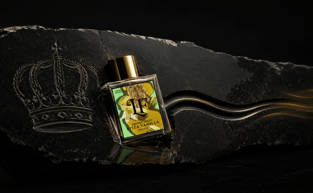 Elementor #6736 Image for Lurance Fragrances showcasing the 30ml "Creamy Sweet Pista Vanilla" perfume. Styled on a textured black stone display with an engraved royal crest and rich metallic highlights