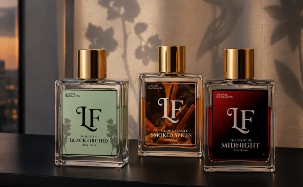 Image of three Lurance Fragrances clear glass perfume bottles with polished gold caps set against a warm, backlit background showing soft plant shadows. The bottles display three distinct labels: a sage green "Droplets of Black Orchid," a warm amber "Veil of Caramel Smoked Spices," and a deep red "The Scent of Midnight."