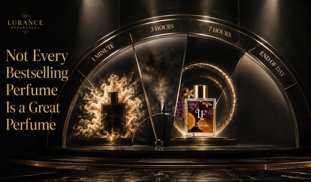 Elementor #6710 Image for Lurance Fragrances comparing fragrance lifecycle stages across a luxury time gauge. Demonstrating the contrast between initial spray burst and sustained late-stage projection, the ad pairs "The Scent of Flowers" perfume with a statement headline challenging market hype in favor of genuine long-lasting performance.