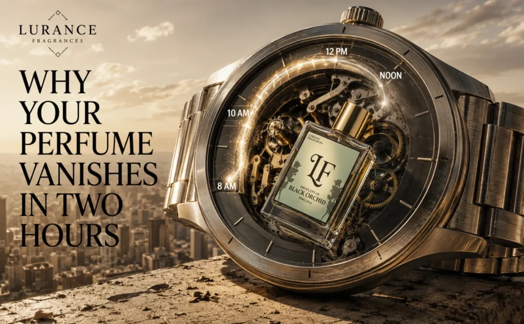 Elementor #6715 Image for Lurance Fragrances featuring Droplets of Black Orchid long-lasting perfume housed inside a mechanical watch face against an urban skyline backdrop. Styled with horological detailing and warm lighting, the ad pairs an educational longevity hook with precision engineering visual cues to highlight long-lasting perfume formulation.