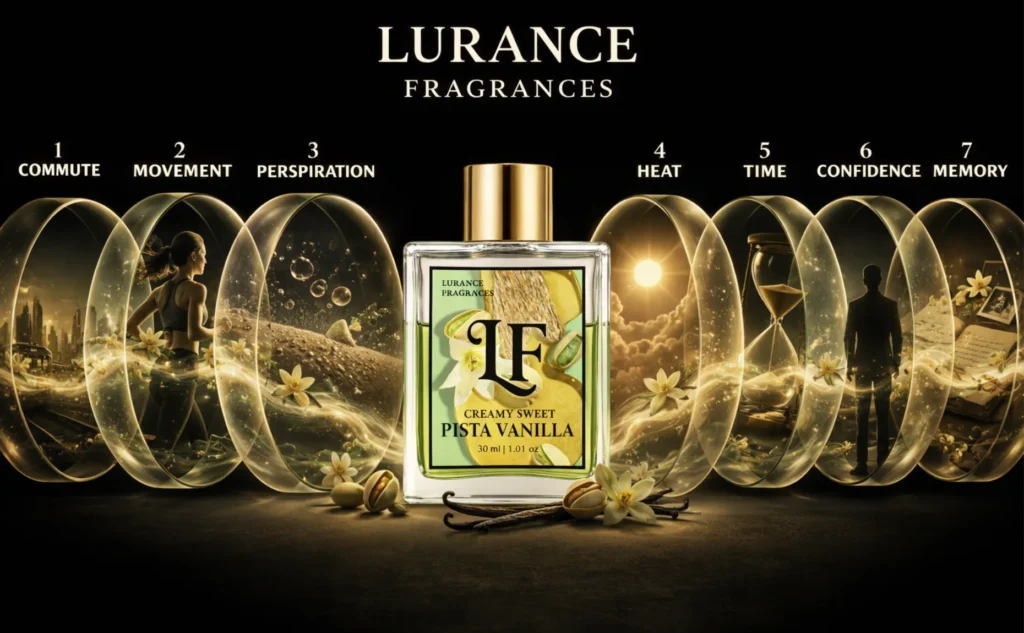 Image  for Lurance Fragrances set on a dark background, featuring a 30ml bottle of Creamy Sweet Pista Vanilla long-lasting perfume with a gold cap at the center. Seven transparent glowing glass rings surround the bottle, each illustrating a key longevity factor labeled from left to right: 1 Commute, 2 Movement, 3 Perspiration, 4 Heat, 5 Time, 6 Confidence, and 7 Memory. 