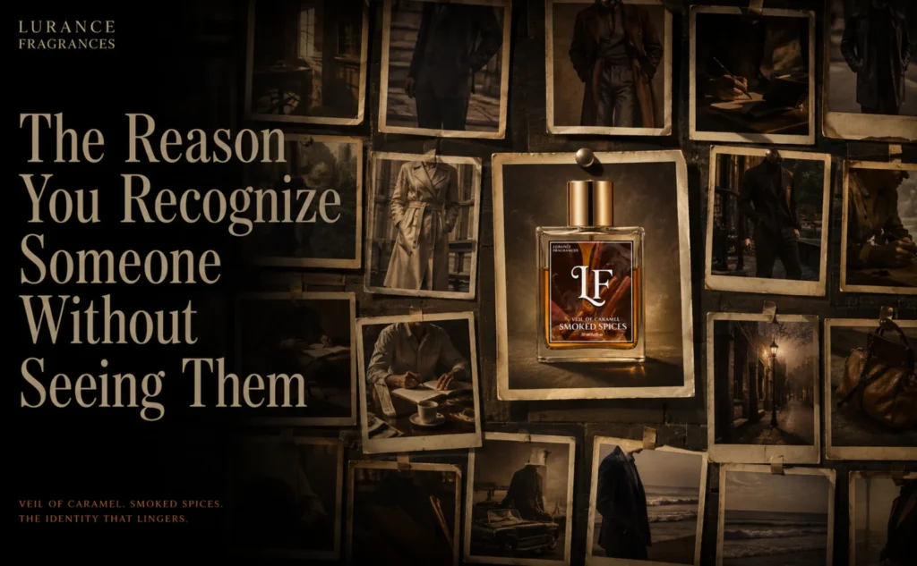 Elementor #6793 Image for Lurance Fragrances set against a dark mood board wall pinned with sepia-toned vintage polaroid photos depicting stylishly dressed figures in trench coats, cityscapes, and writing scenes. In the center, a large photo card pinned to the wall features a 30ml bottle of Veil of Caramel Smoked Spices long-lasting perfume with a gold cap.