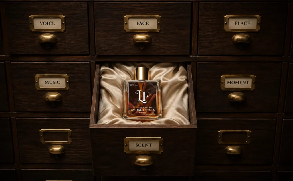 Elementor #6793 Image for Lurance Fragrances set against a vintage dark wood apothecary or library card catalog cabinet with brass drawer pulls and label holders. Surrounding closed drawers bear gold-framed labels. The central drawer, labeled "SCENT", is pulled open to reveal a 30ml (1.01 oz) clear glass bottle of Veil of Caramel Smoked Spices perfume with a metallic gold cap, resting comfortably on luxurious, folded champagne-gold silk lining.
