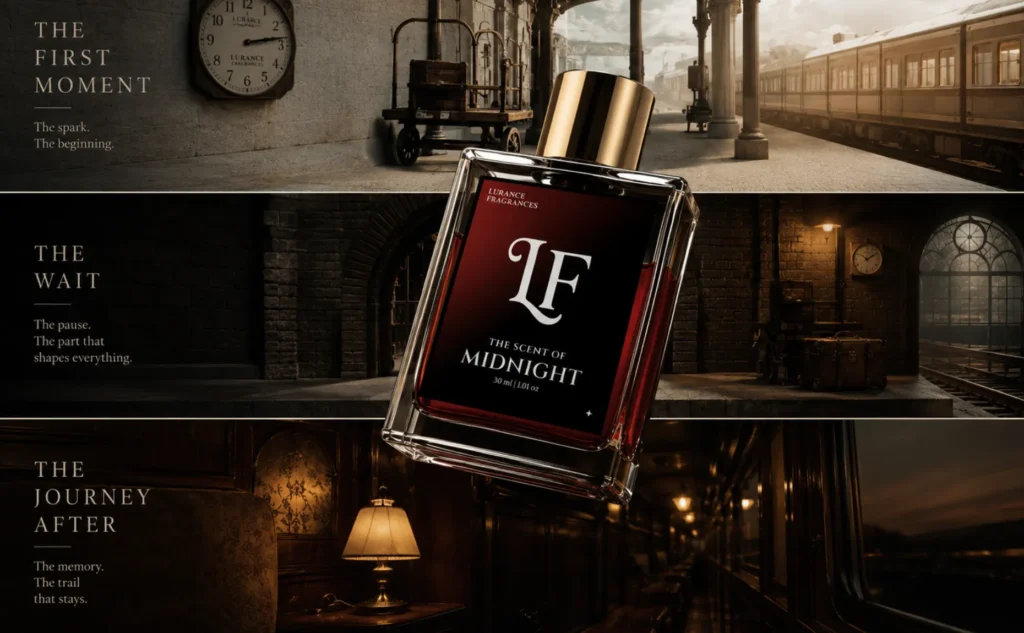 Image split horizontally into three story panels depicting a railway narrative. In the foreground center, a 30ml clear glass bottle of "The Scent of Midnight" long-lasting perfume with a gold cap and dark red gradient label floats diagonally.