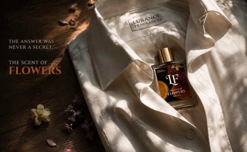 Image for Lurance Fragrances bathed in soft, dappled morning sunlight. A 30ml clear glass bottle of "The Scent of Flowers" perfume with a gold cap rests nestled inside the open collar of a neatly folded white cotton shirt. The shirt displays a woven "LURANCE FRAGRANCES" inner collar tag and sits on a rustic dark wood surface sprinkled with delicate purple florets and a single white blossom.