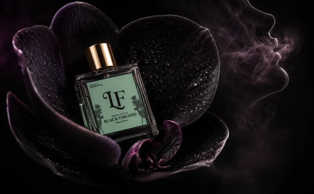 Image for Lurance Fragrances set against a dark background. A 30ml clear glass bottle of "Droplets of Black Orchid" perfume with a metallic gold cap and muted sage-green label rests at the center of a large, velvety dark purple orchid flower covered in water droplets. To the right, swirling trails of purple-tinted smoke gently form the glowing profile of a woman's face leaning toward the scent.
