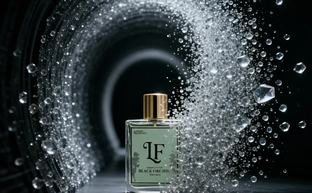 Elementor #6715 Image for Lurance Fragrances showcasing the 30ml "Droplets of Black Orchid" perfume bottle surrounded by a swirling wave of crystalline water droplets and dark macro lighting. Styled to highlight high fragrance oil concentration and liquid freshness.