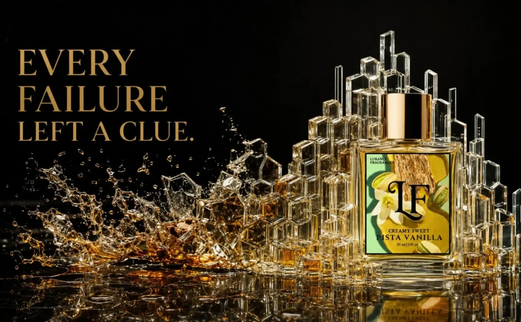 Image for Lurance Fragrances featuring the 30ml "Creamy Sweet Pista Vanilla" perfume. Styled with crystalline glass pillars and golden liquid splash effects, the ad pairs high-impact luxury imagery with an inspiring hook about formulation trial, refinement, and scent mastery.