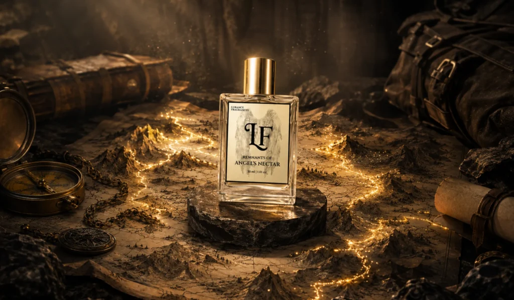 Image or Lurance Fragrances showcasing the 30ml "Remnants of Angel's Nectar" perfume in a cinematic adventure-themed flat lay. Designed with warm atmospheric lighting, vintage compasses, and glowing golden trail lines across a relief map, the graphic visually emphasizes discovery, journey, and enduring fragrance projection.