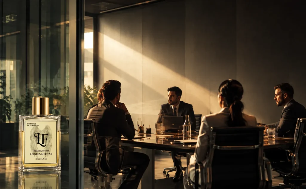 Image for Lurance Fragrances set in a modern corporate office setting. On the left foreground, a prominent 30ml clear glass bottle of "Remnants of Angels Nectar" with a gold cap stands sharply focused behind a glass partition. In the softly lit background, a group of business executives in formal suits sit around a polished conference table during an intense boardroom meeting, illuminated by dramatic sunlight streaming through floor-to-ceiling windows.