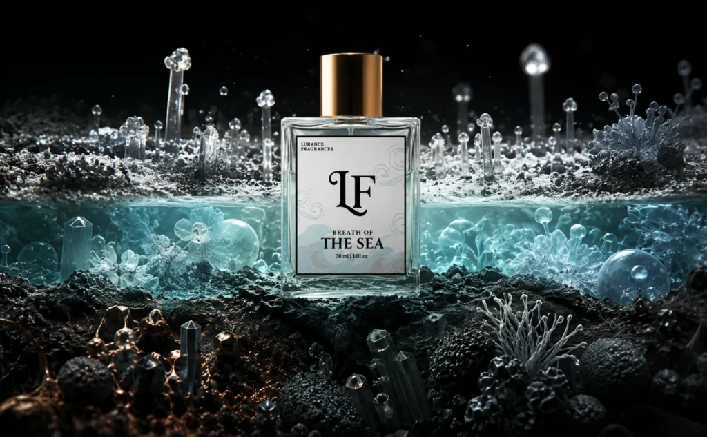 Image of "Breath of the Sea" 30ml perfume by Lurance Fragrances featuring a metallic gold cap and a light label with fine wave illustrations and a bold black "LF" monogram. The bottle stands centrally at the waterline, with its bottom half submerged in glowing turquoise aquatic currents filled with delicate glass coral structures, floating bubbles, and crystalline mineral formations on a dark, textured seabed background.