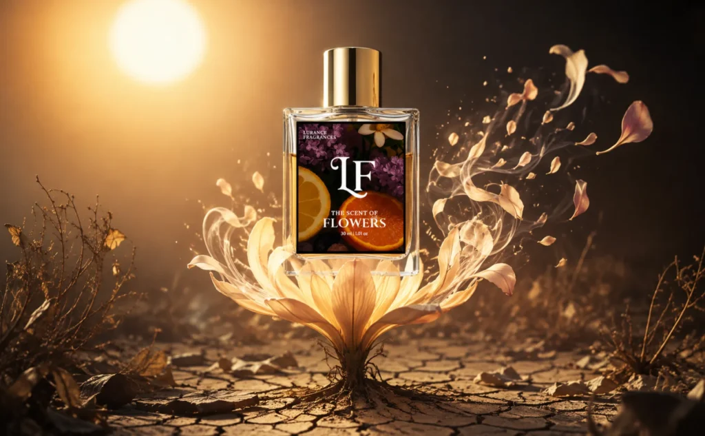 Image for Lurance Fragrances featuring a 30ml (1.01 oz) clear glass bottle of "The Scent of Flowers" with a polished metallic gold cap and citrus-floral artwork on its label. The bottle rests atop a radiant, glowing golden flower blooming directly out of dry, cracked desert soil. Swirling wisps of luminous smoke and drifting flower petals float around the bottle, backlit by an intense, blazing sun set against a dramatic warm gradient sky.