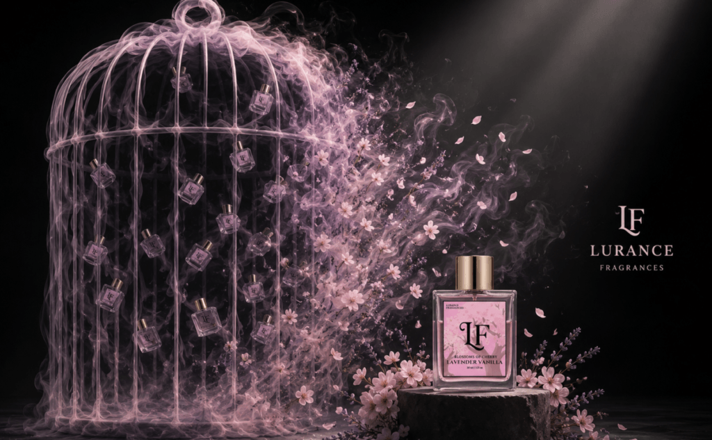 Image for Lurance Fragrances featuring a 30ml clear glass bottle of "Blossoms of Cherry Lavender Vanilla" perfume with a gold cap and pink floral label. The bottle rests on a dark round stone plinth amid soft pink cherry blossoms and lavender sprigs. On the left, a birdcage crafted from swirling pink smoke dissolves into floating cherry blossom petals and suspended miniature perfume bottles, illuminated by a gentle overhead beam of light against a dark backdrop.